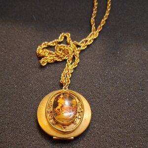 Gold-Tone Oval Locket Necklace with Amber-Tone Cabochon